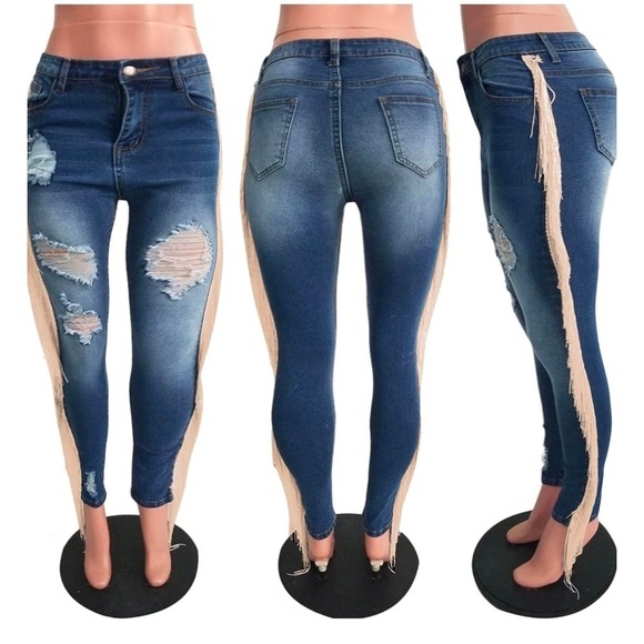 The Unbranded Brand Denim - Plus Size Fringe Distressed Skinny Jeans XXXL Boho Western Stretch Denim
